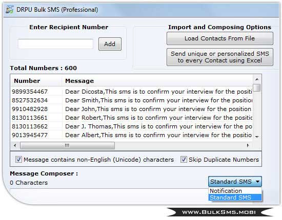 Screenshot of SMS Software